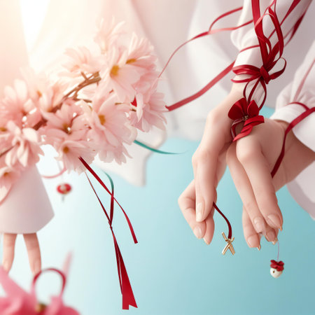 Female hands with wedding rings and bouquet of flowers over blue backgroundの素材