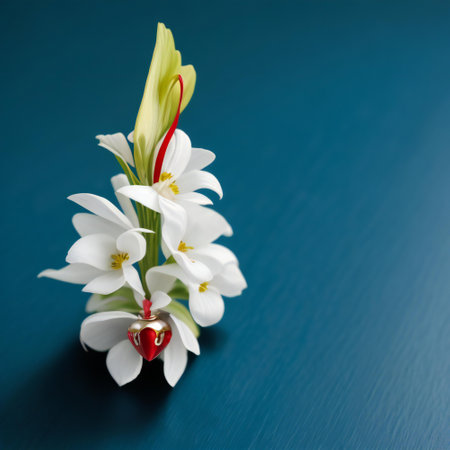 Bouquet of white snowdrops with red heart on blue backgroundの素材