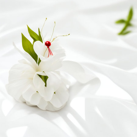 Wedding bouquet on a white satin background with copy spaceの素材