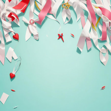 Pink and white ribbons on blue background with copy space, top viewの素材