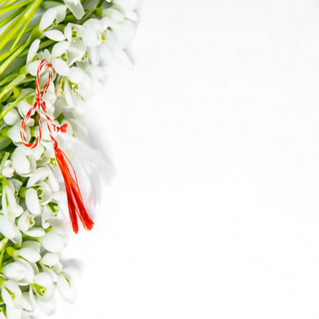 Bouquet of snowdrops with a red ribbon on a white backgroundの素材