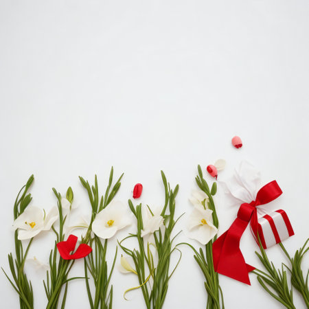 Flowers composition. Bouquet of white freesia flowers with red ribbon on white background. Flat lay, top view, copy spaceの素材
