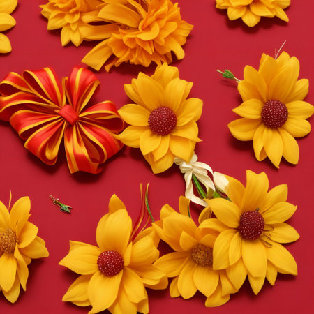 Creative layout made of yellow daisy flowers on red background. Flat lay. Nature concept.の素材