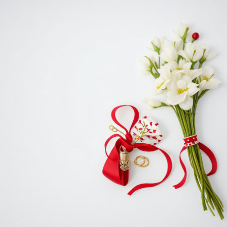 Valentine's day background with white flowers and red gift boxの素材