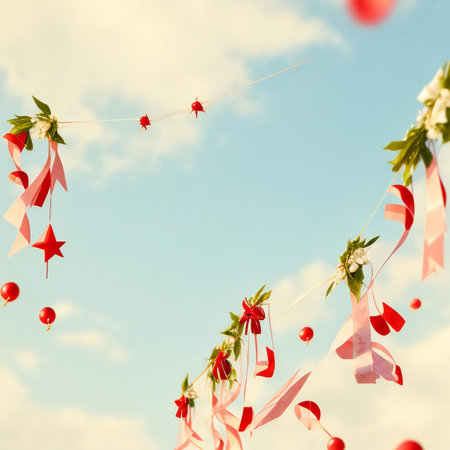 Red ribbons and flowers on blue sky background, vintage tonedの素材
