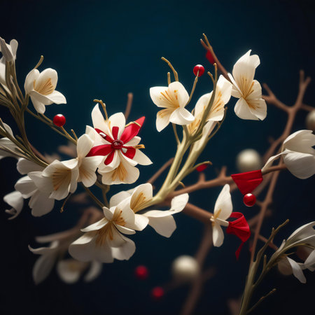 White crocus flowers with red bow on dark blue background. Toned.の素材