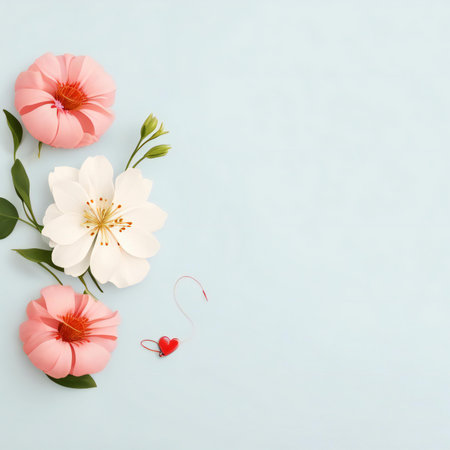 Flowers composition on pastel blue background. Flat lay, top view, copy spaceの素材