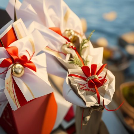 Bouquet of red and white ribbons on a boat.の素材
