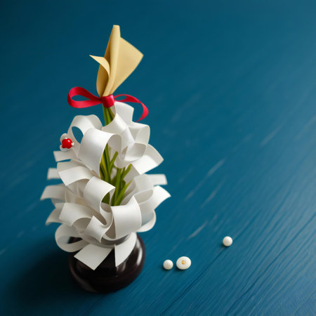 bouquet of paper flowers on a blue background with copy spaceの素材