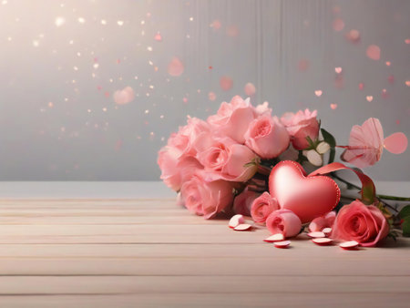 Pink roses bouquet and heart on wooden table. Valentines day backgroundの素材