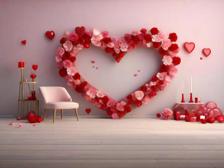Valentine's Day background with hearts and chair. 3D renderingの素材