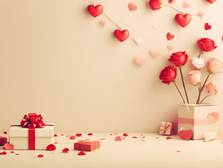 Valentine's Day background with gift box, hearts and flowersの素材