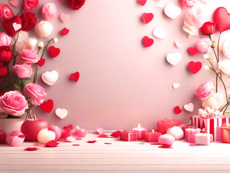 Valentine's day background with hearts, candles and flowers.の素材