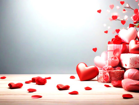 Valentine's day background with red hearts and gift boxes on wooden tableの素材