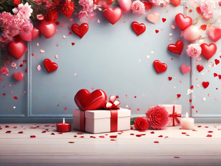 Valentine's day background with gift box and red hearts on blue wallの素材