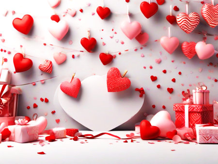 Valentine's day background with hearts and gift boxes. 3d renderingの素材