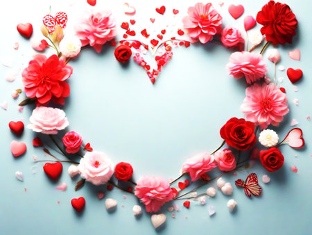 Beautiful flowers and hearts on blue background, flat lay. Space for textの素材