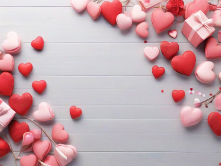Valentine's day background with hearts and gifts on wooden backgroundの素材