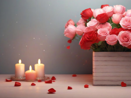 Bouquet of roses in a vase on a wooden table with candlesの素材
