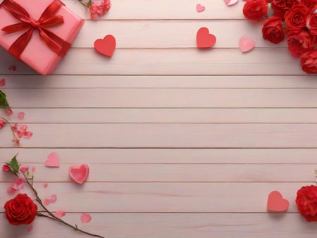 Valentine's day background with hearts and gift box on wooden tableの素材