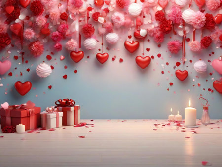 Valentine's day background with red hearts, gift boxes and candles on white wooden tableの素材