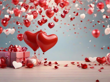 Valentine's day background with red hearts, gift boxes and confettiの素材