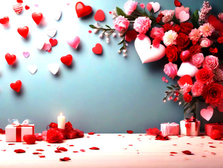 Valentine's day background with red hearts, candles and flowers on blue backgroundの素材