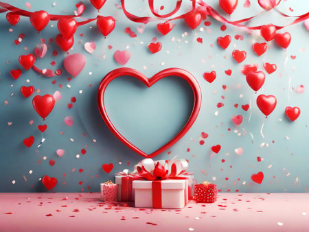 Valentine's day background with red hearts and gift boxes. 3d renderingの素材