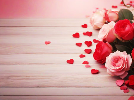 Beautiful roses and hearts on wooden table, valentines day backgroundの素材