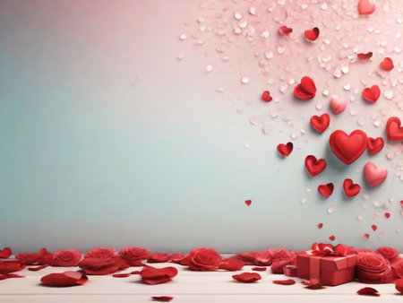 Valentine's day background with red hearts and gift box on wooden tableの素材