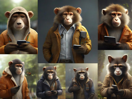 Collage of monkeys in a raincoat with a mobile phone.の素材