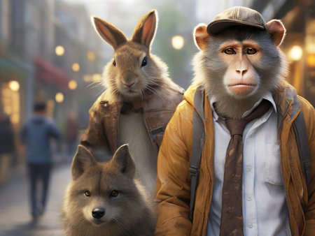 Rabbit and monkey in the city. The concept of wild animalsの素材