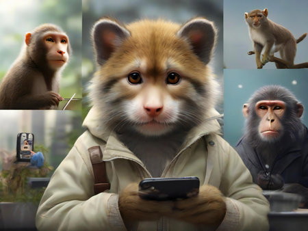 The portrait of a corgi dog with a mobile phone in his handsの素材