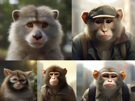 Collage of portraits of monkeys in different poses. Selective focus.の素材