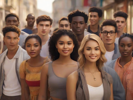 Portrait of a group of young people standing in the street.の素材