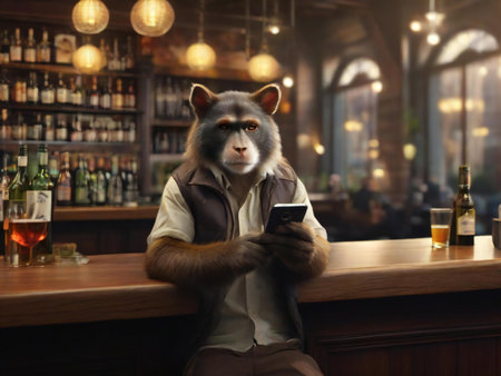 Portrait of a monkey sitting in a bar and using mobile phoneの素材