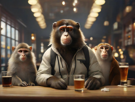 Monkeys sitting at a table in a pub. Animal theme.の素材