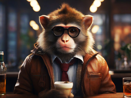 Portrait of a monkey in glasses and a jacket sitting at the bar.の素材