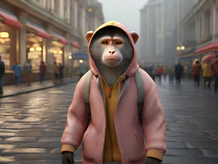 Monkey on the street in the city. 3d rendering.の素材