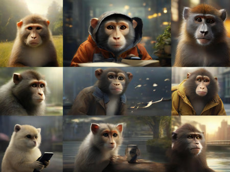 Monkeys in the city. Collage of photos of monkeys.の素材