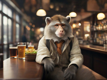 Portrait of a monkey sitting in a pub with beer and potatoesの素材