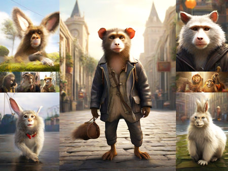 Collage of monkey, monkey and rabbit in the city center.の素材