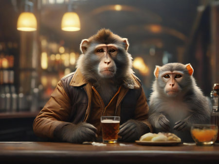 Monkey sitting at the table with a glass of beer in a pubの素材