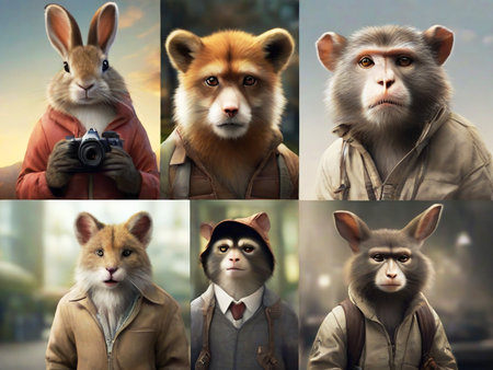 Portraits of animals in the form of a monkey, fox, rabbit and monkey.の素材