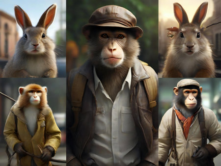 Monkey in a raincoat and a hat. Collage.の素材