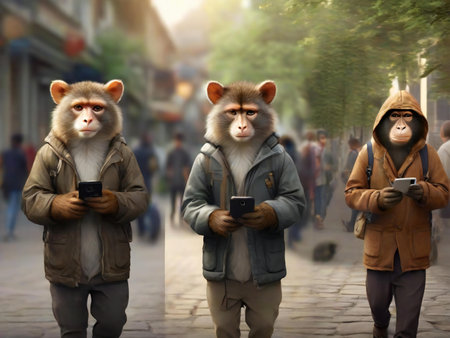 Monkey with smartphones in the city street, 3d illustration.の素材