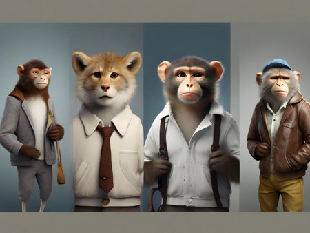 Monkey and monkey in a collage, 3d render.の素材
