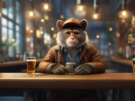 Cute monkey with cup of beer at bar, space for textの素材