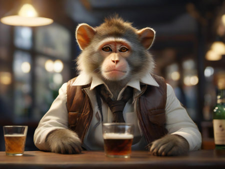 Portrait of a monkey with a glass of whiskey in a pubの素材