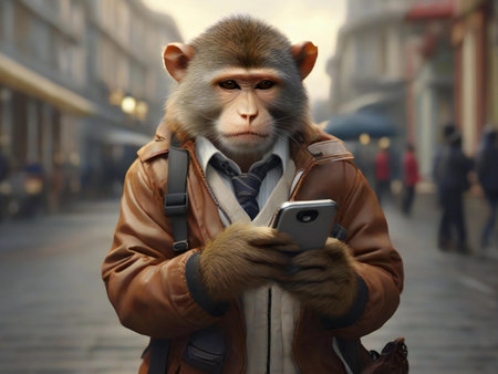 Monkey with mobile phone in the city. 3d illustration.の素材
